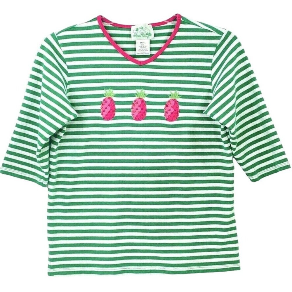 Quacker Factory Embroidery Top Size S Green Stripe V-Neck Pink Pineapple